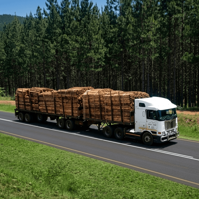 A Pole Yard truck carrying a full load of treated poles
